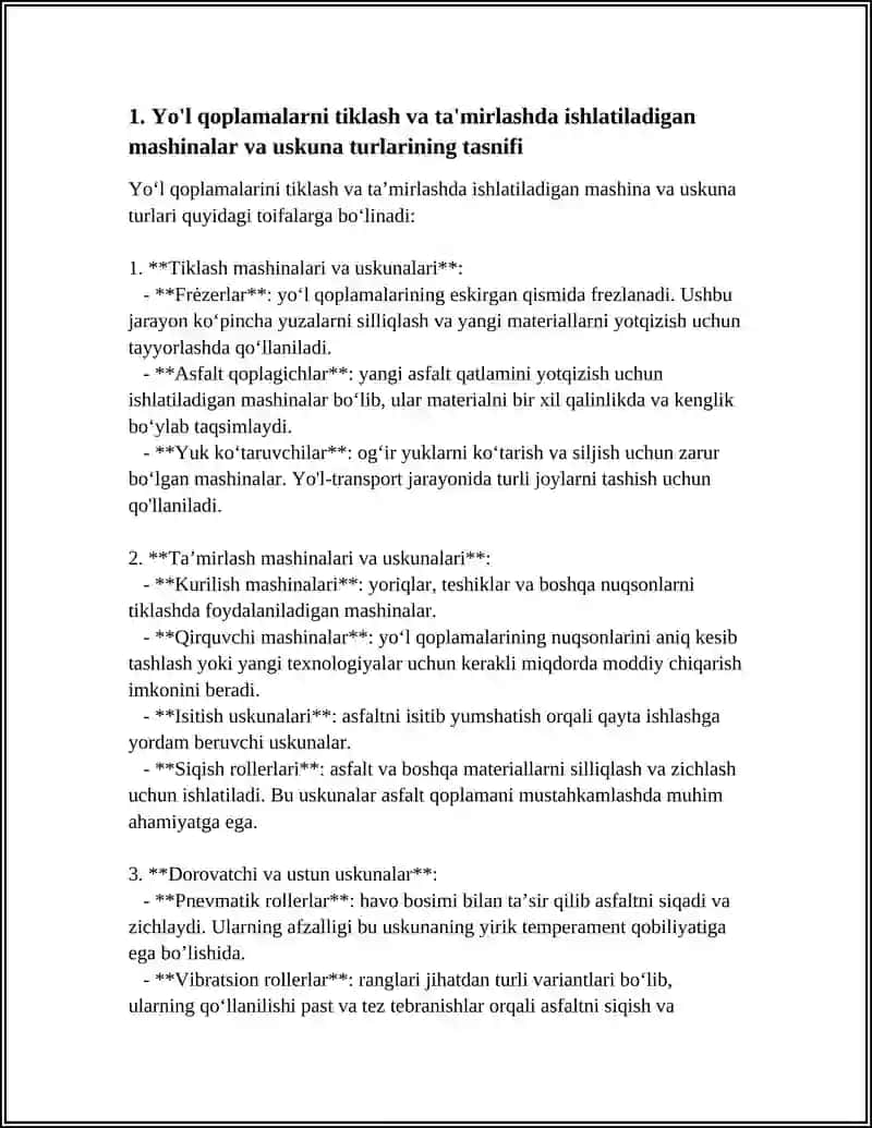 Yo'l qoplamalarni tiklash va ta'mirlashda ishlatiladigan mashina va uskuna turlari 4