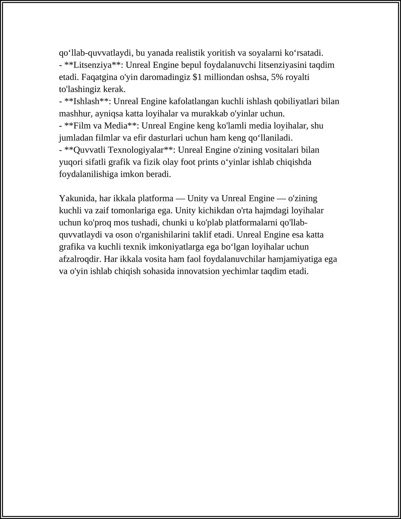MUSTAQIL ISH Mavzu: UNITY VA UNREAL ENGINE 3D STUDIA O MAX DASTURLARI FARQI VA AFZALLIK KAMCHILIKLARI 4