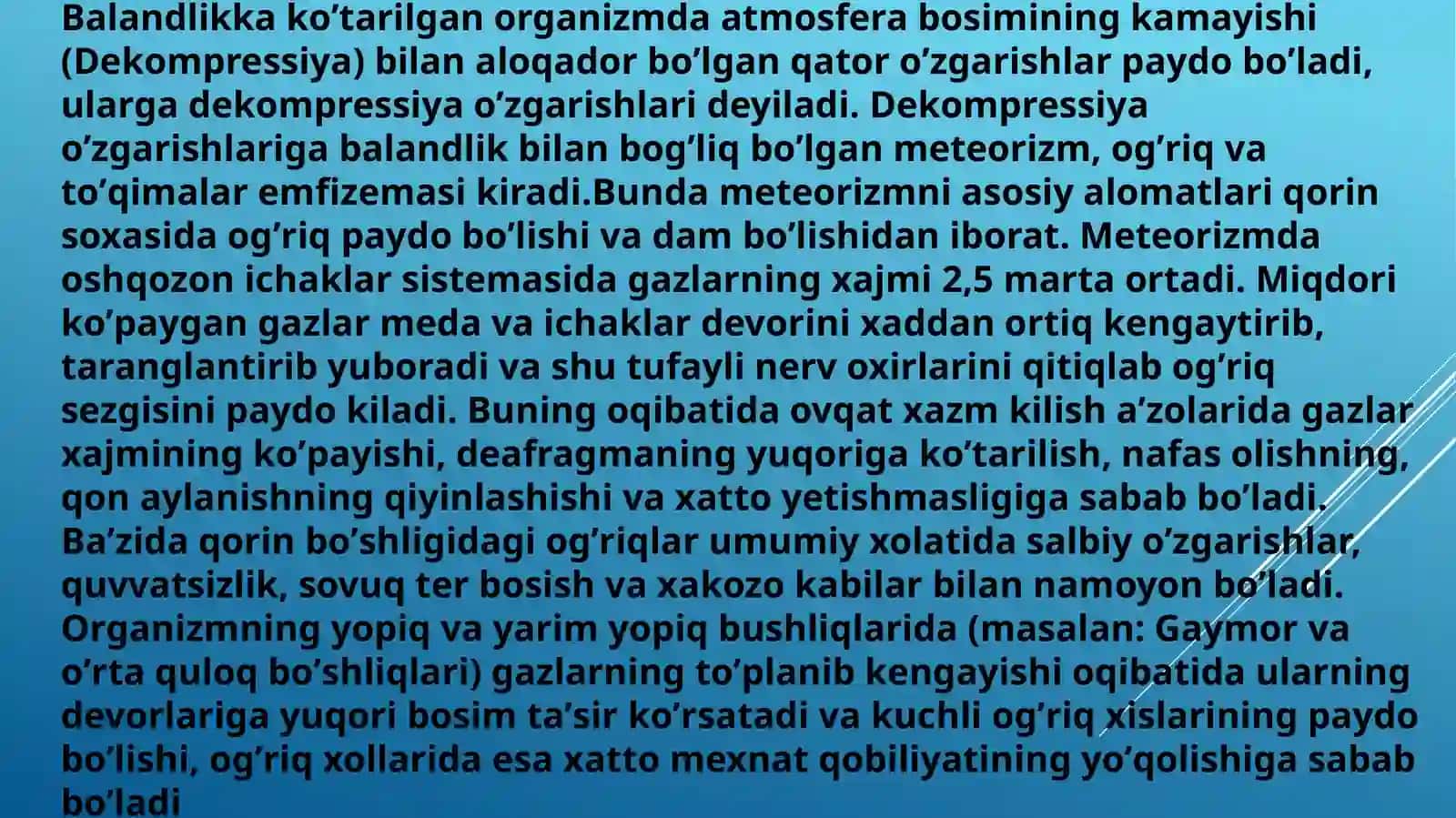 Past bosimning organizmga ta'siri. Barotravmalar. Kesson, tog'vabalandlik kasalliklari. Nur kasalliklari patofiziologik asoslari 4