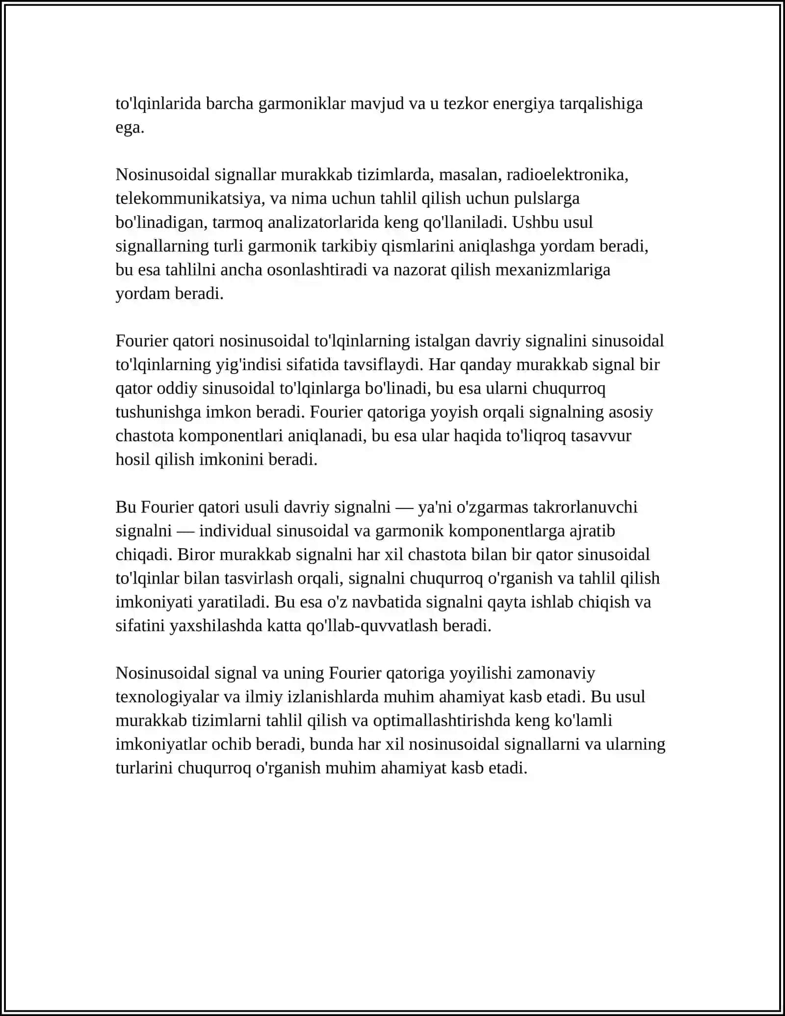 NOSINUSOIDAL SIGNAL VA UNI FURYE QATORIGA YOYISH 4