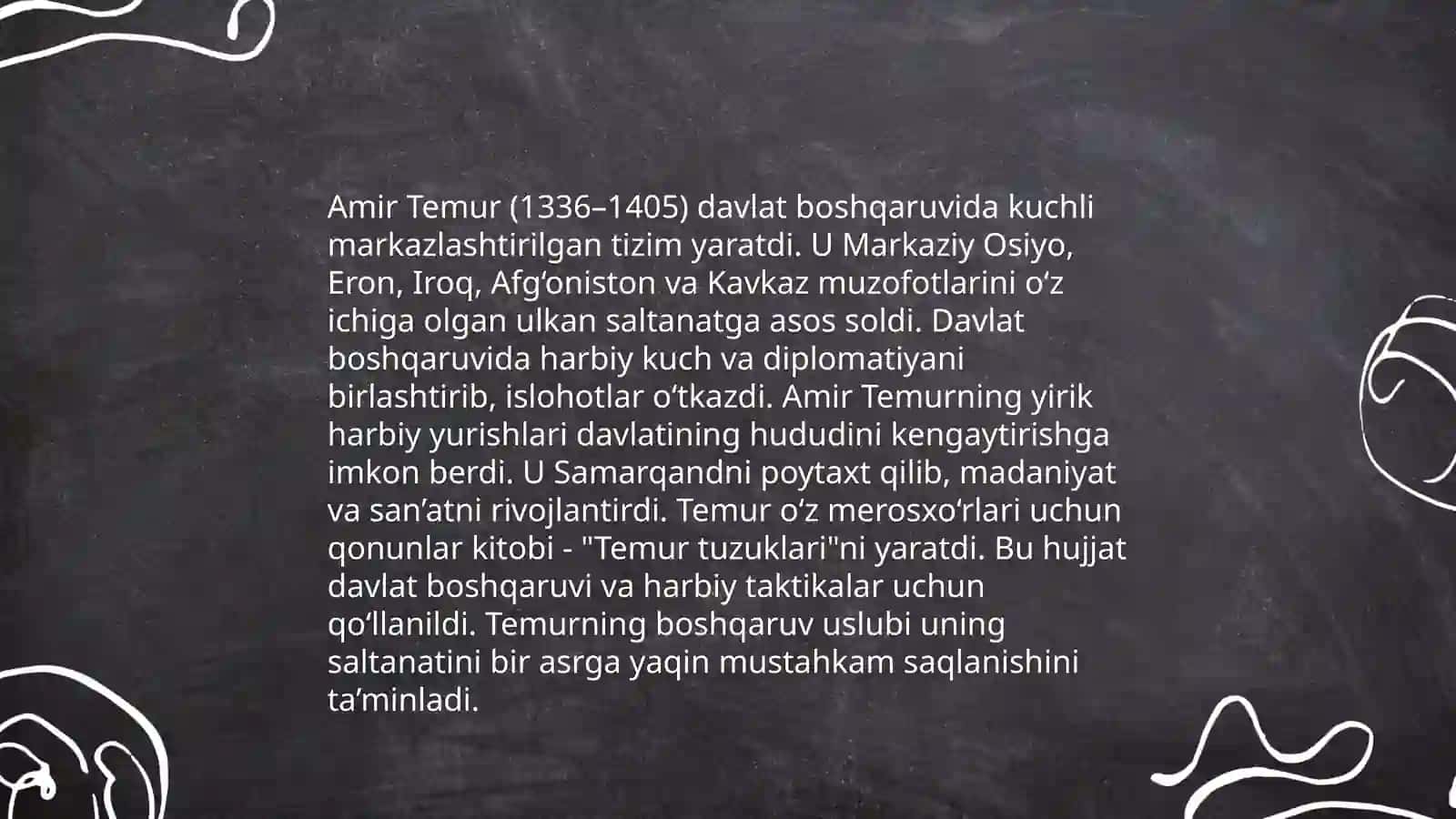 Olim Xoʻjayev nomli 1-sonli maktabning 8-"B" sinf oʻquvchisi Shamsiddinov Azizbekning Oʻzbekiston tarixidan loyiha ishi 4