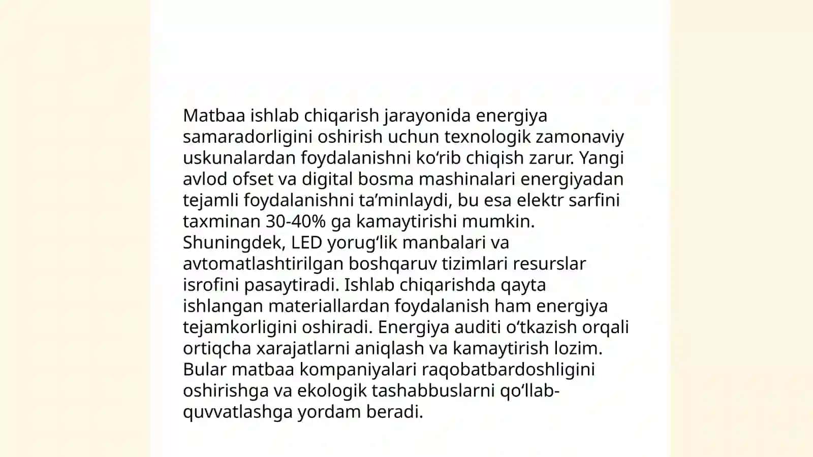 Matbaa sanoatida energiya tejamkor texnologiyalarni joriy etish imkoniyatlarni urganish va ularning samaradorligini baholash 4