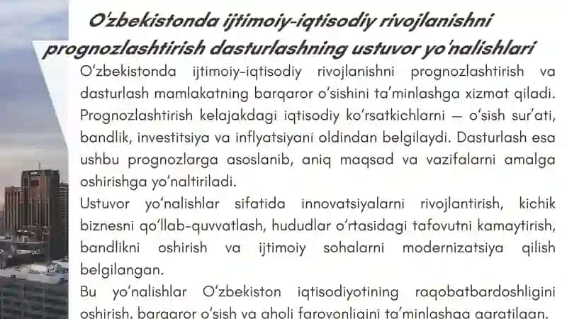 IJTIMOIY-IQTISODIY RIVOJLANISH DASTURLASH PROGNOZLASHTIRISH VA REJALASHTIRISH 4
