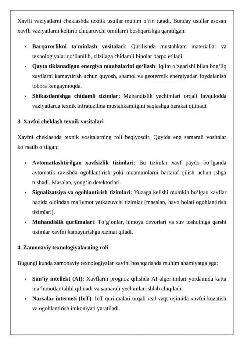 Xavfli vaziyatni cheklash uchun qo'llaniladigan texnikaviy usullar va vositalar 4