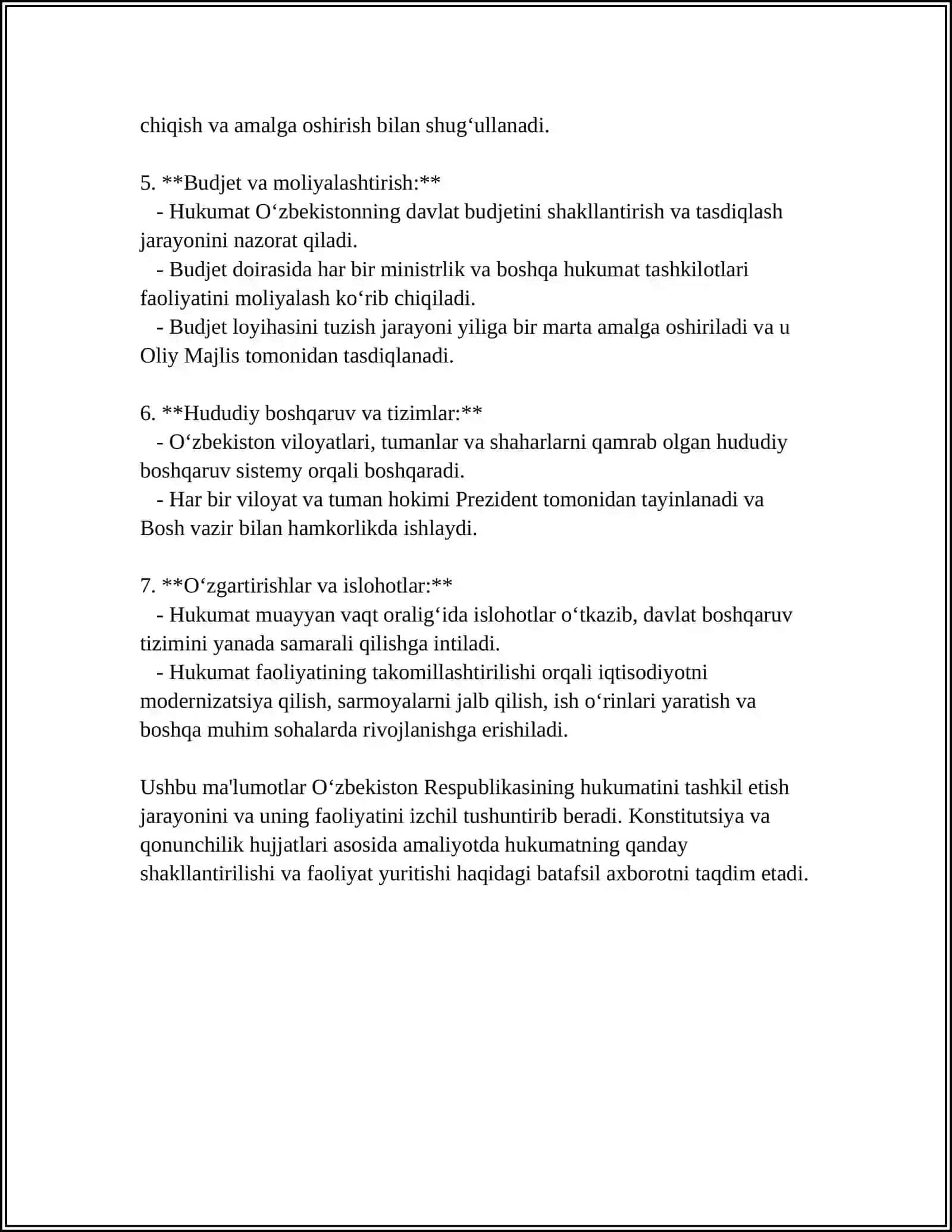 O'ZBEKISTON RESPUBLIKASI HUKUMATINI TASHKIL ETISH TARTIBI, UNING TARKIBI VA FAOLIYATINI AMALGA OSHIRISH TARTIBI 4