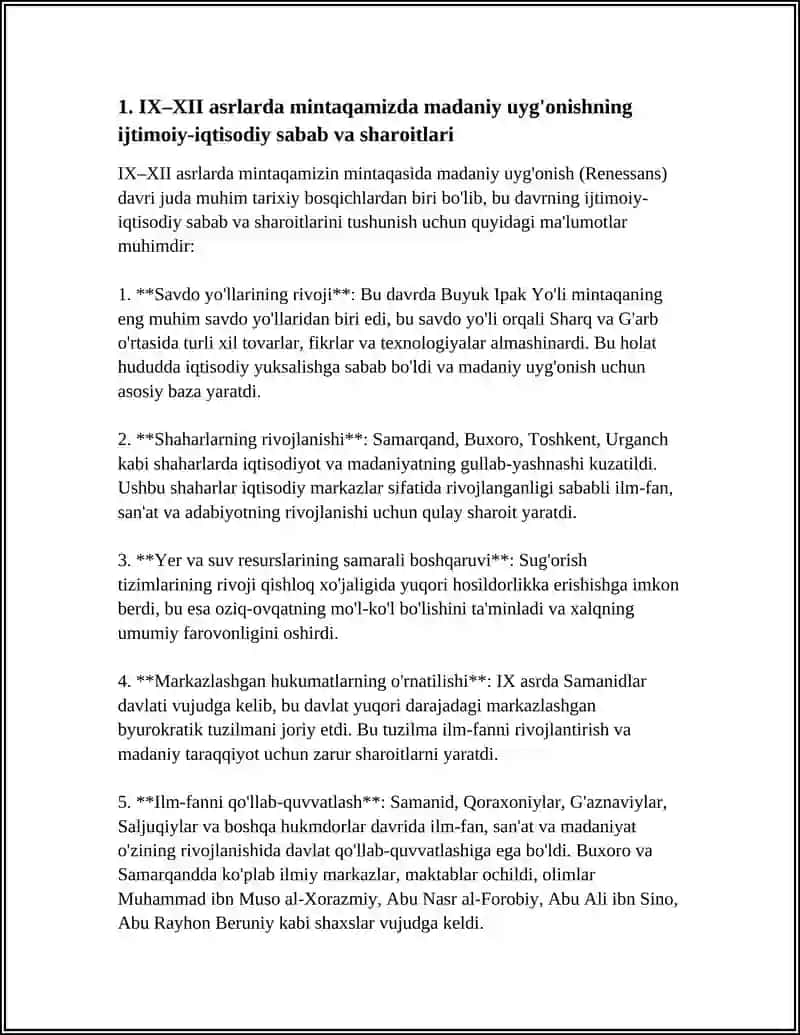 IX-XII ASRLARDA MAMLAKATIMIZ HUDUDLARIDA RO'Y BERGAN MADANIY UYG'ONISH (RENESSANS). BUYUK ALLOMALARNING JAHON SVILLIZATSIYASIGA QO'SHGAN HISSASI 4