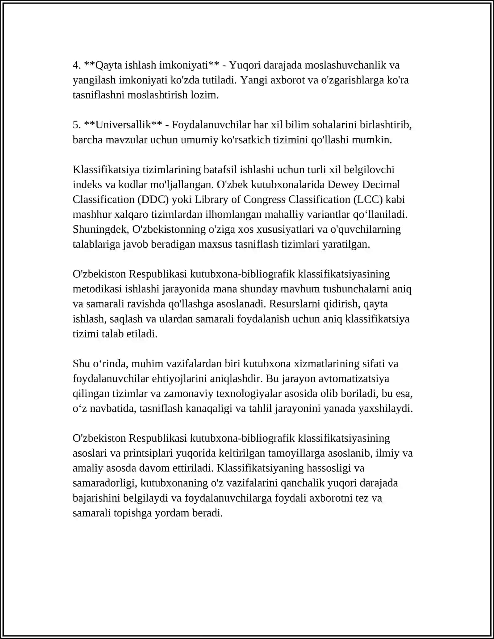 O'ZBRKISTON RESPUBLIKASI KUTUBXONA-BIBLOGRAFIK KLASSIFIKATSIYASI BILAN ISHLASH METODIKASI 4