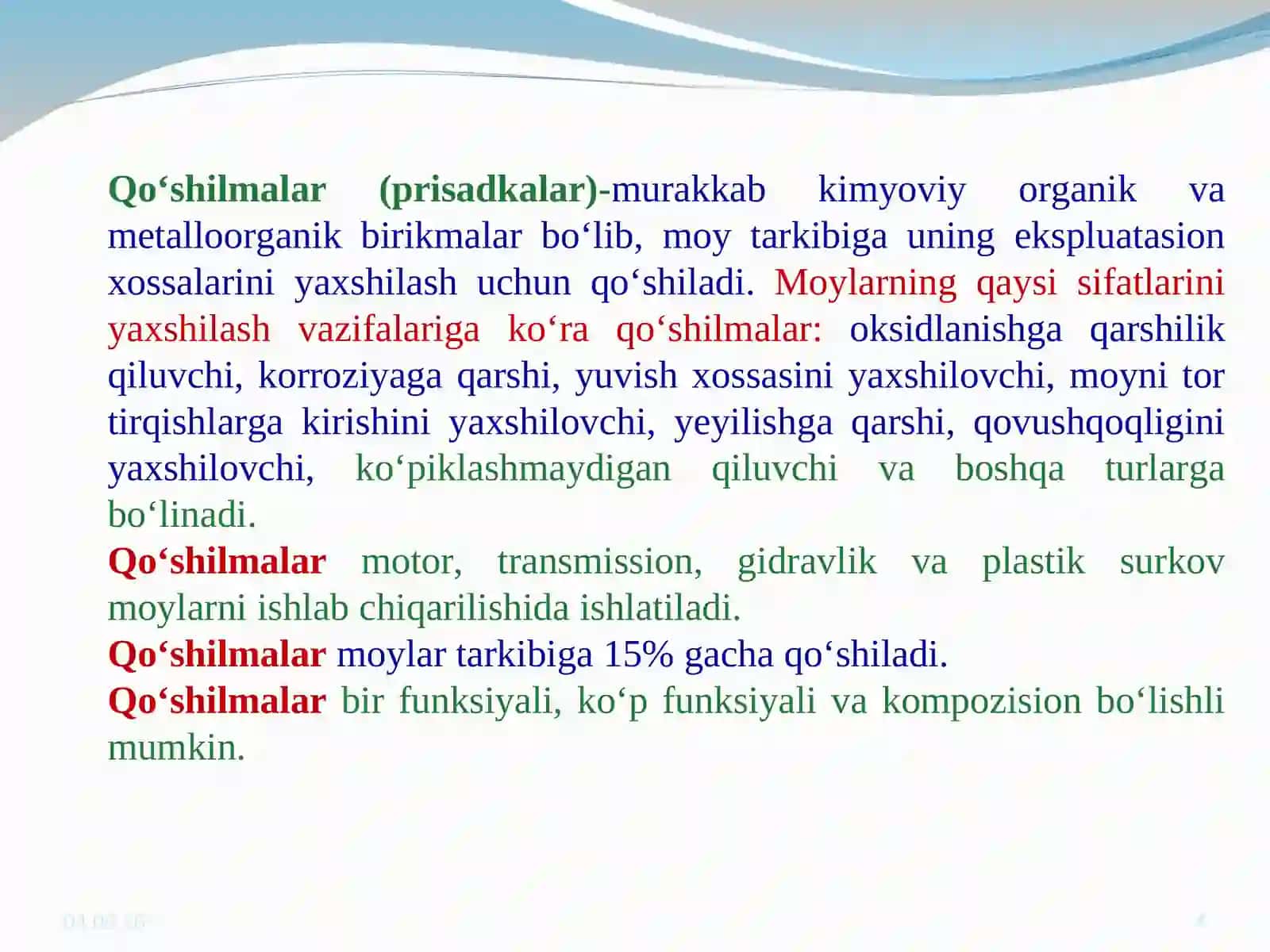 Yoqilg‘i, surtma moylar va polimerlar uchun kimyoviy qо‘shimchalar 4