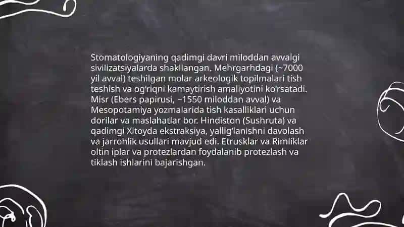 Mutaxasislikka kirish. Stomatologiya rivojlanishining tarixiy bosqichlari. Mahalliy stomatologiyaning rivojlanish bosqichlari va maktablari 4