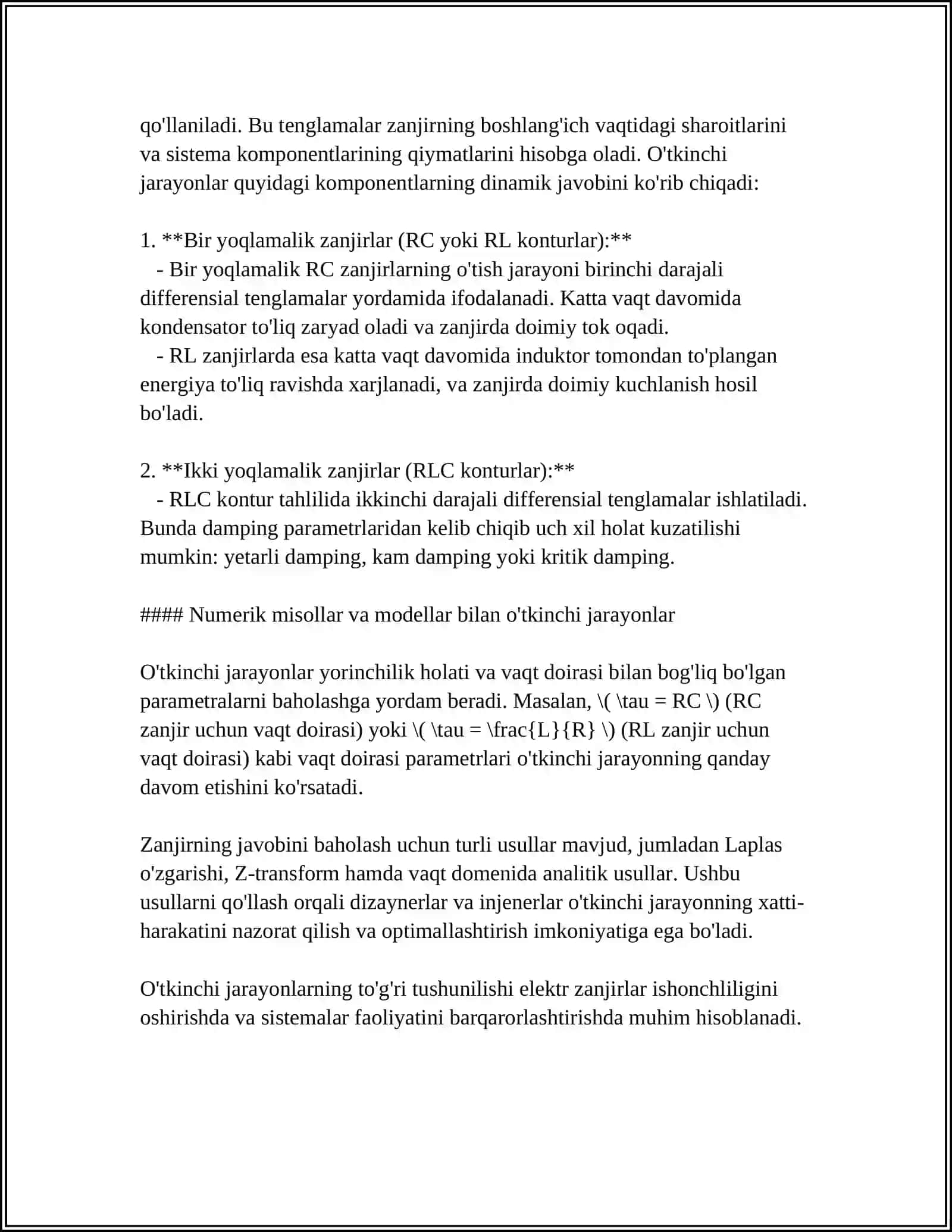ELEKTR ZANJIRLARIDA O'TKINCHI JARAYONLAR. ELEKTR ZANJIRLARIDA O'TKINCHI JARAYON SODIR BO'LISHINING ASOSIY SABABLARI. KOMMUTATSIYA QONUNLARI 4