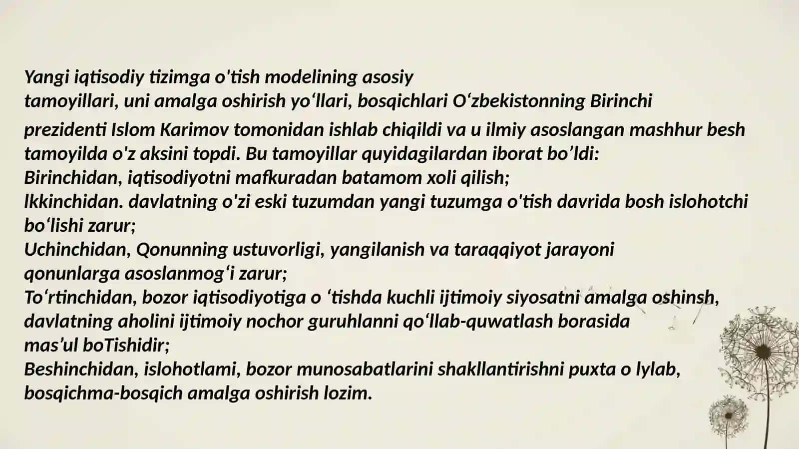 Bozor munosabatlariga o‘tishning milliy modeli: evolyutsiyasi, xususiyatlari va ustuvor yo‘nalishlari 4