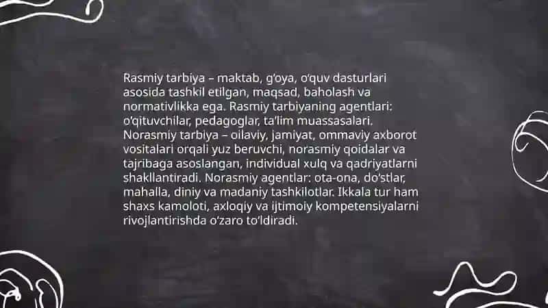 Tarbiya nazariyasi va tarbiya turlari. Oila tarbiyasi va uning shaxs kamolotidagi o‘rni 4