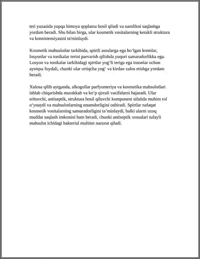PORFUMERIYA-KOSMETIKA MAHSULOTLARI ISHLAB CHIQARISHDA QOʻLLANILADIGAN ORGANIK BIRIKMALARNING ASOSIY SINFLARI 4
