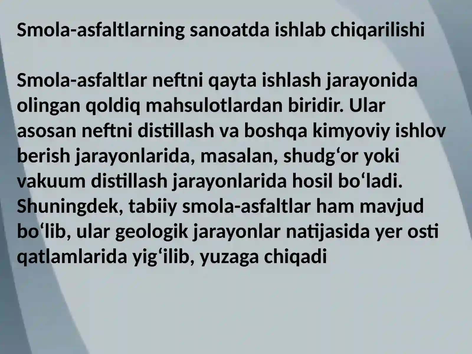 Neft tarkibidagi smola asfaltlar, kimyoviy tarkibi, fazoviy tuzilishi, fizik kimyoviy xossalari 4