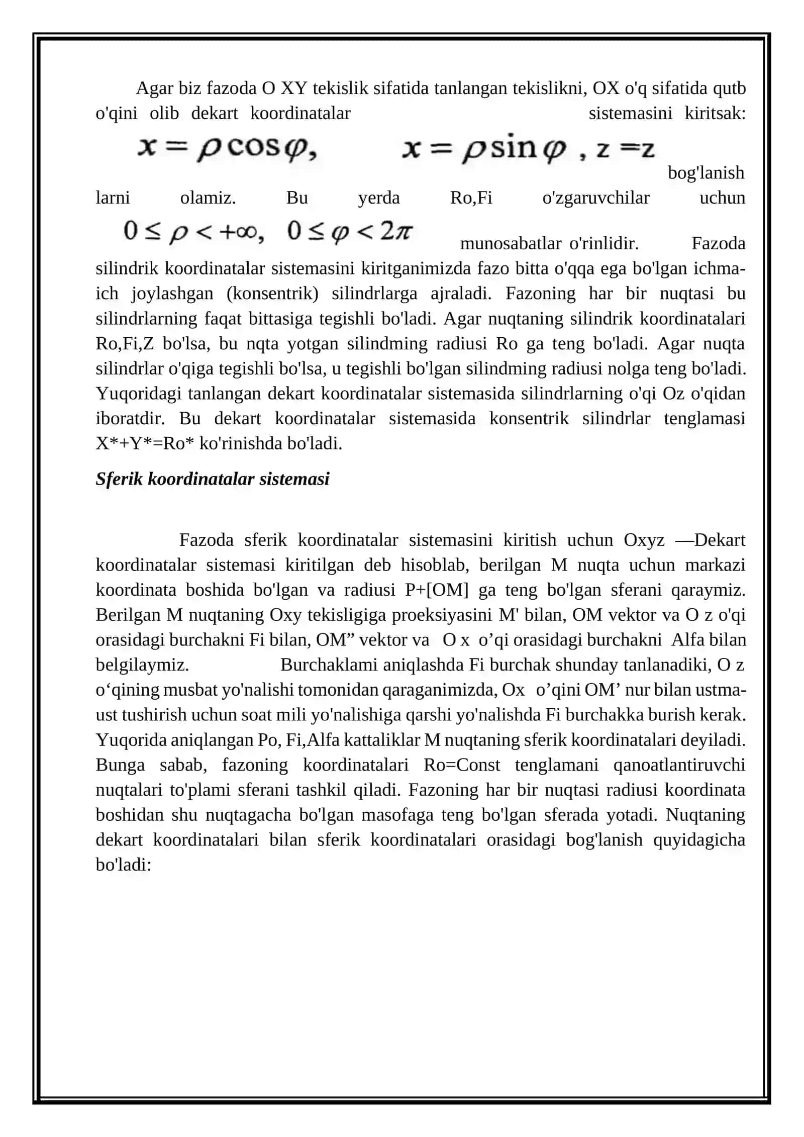 Koordinatalarni almashtirish. Silindrik va sferik koordinatalar 4