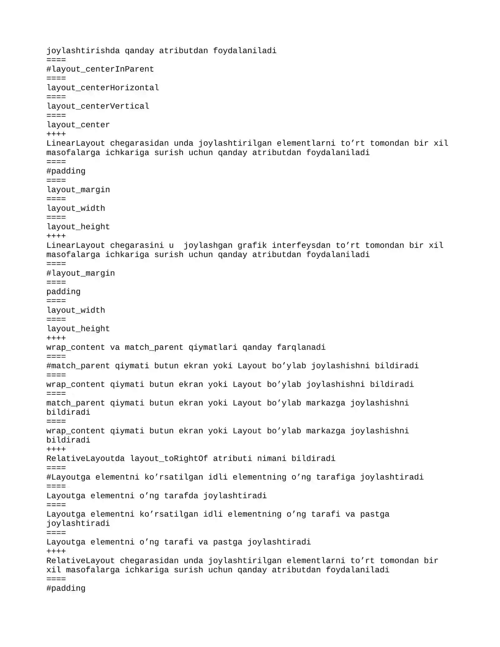 Mobil ilovalar ishlab chiqish fanidan test 4