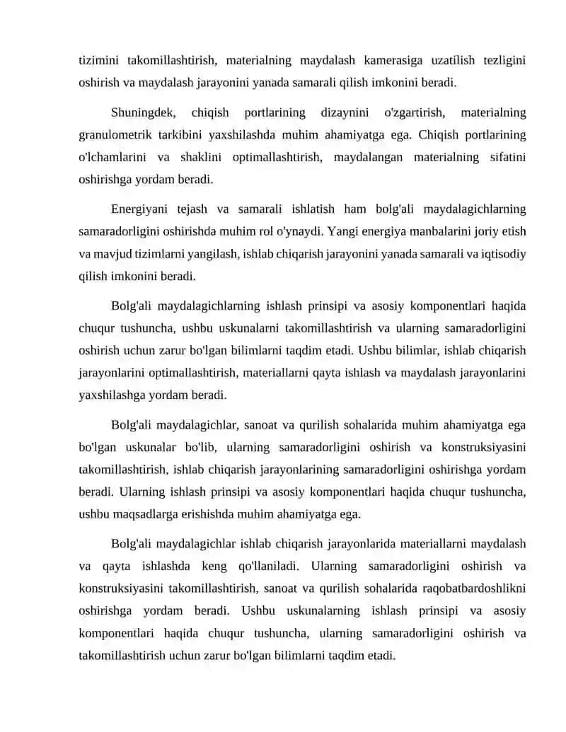 Bolg'ali maydalagichning ish unumdorligini oshirish va konstruksiyasini takomillashtirish. 4
