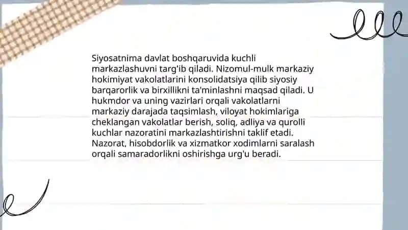 Nizomulmuklning "Siyosatnima" asari bo'yicha jamiyat boshqaruviga oid g'oyalarini tahlil etish 4