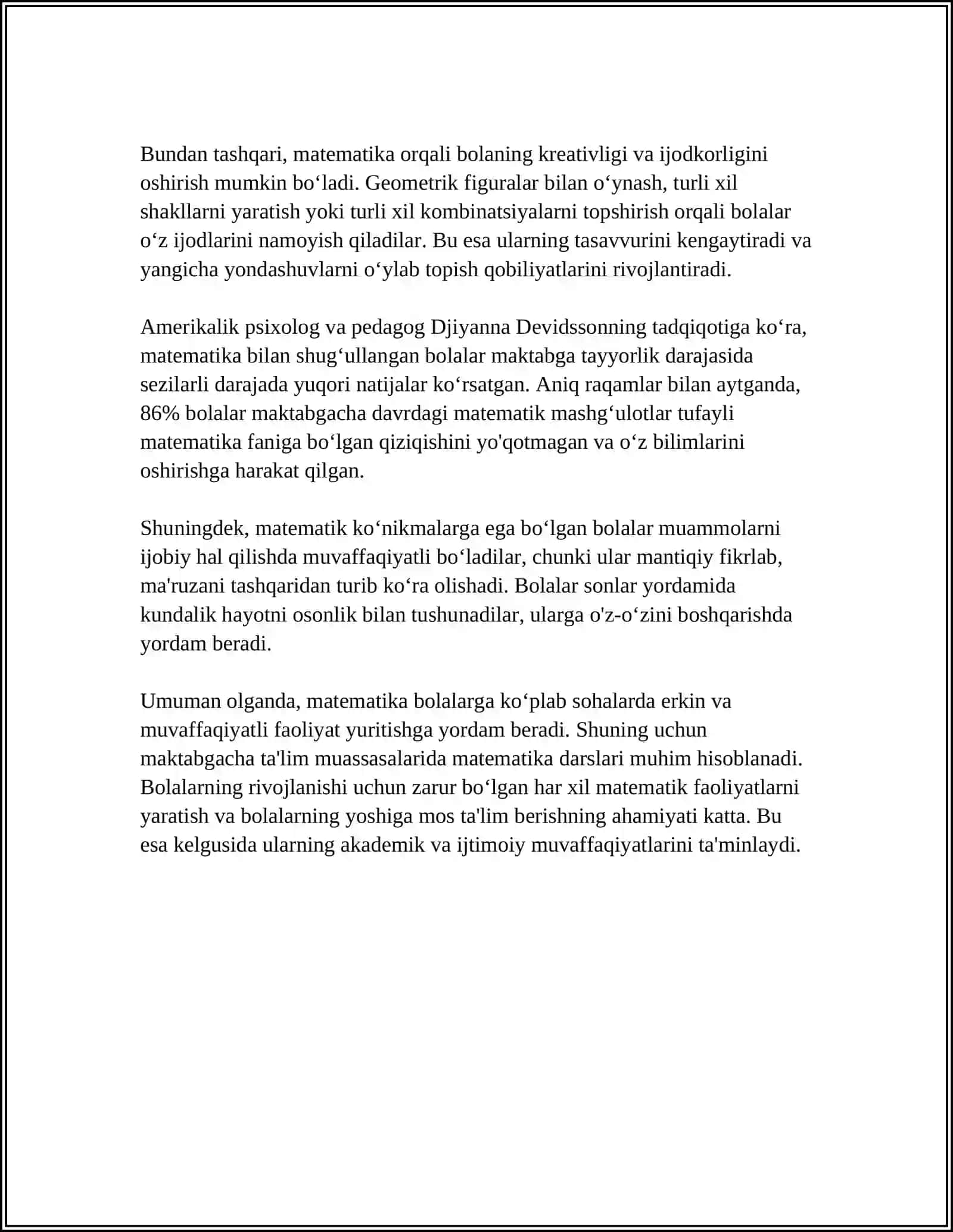 MAKTABGACHA YOSHDAGI BOLALARNI HAR TOMONLAMA RIVOJLANTIRISHDA VA ULARNI MAKTABGA TAYYORLASHDA MATEMATIK BILIMLARNING RÒLI 4