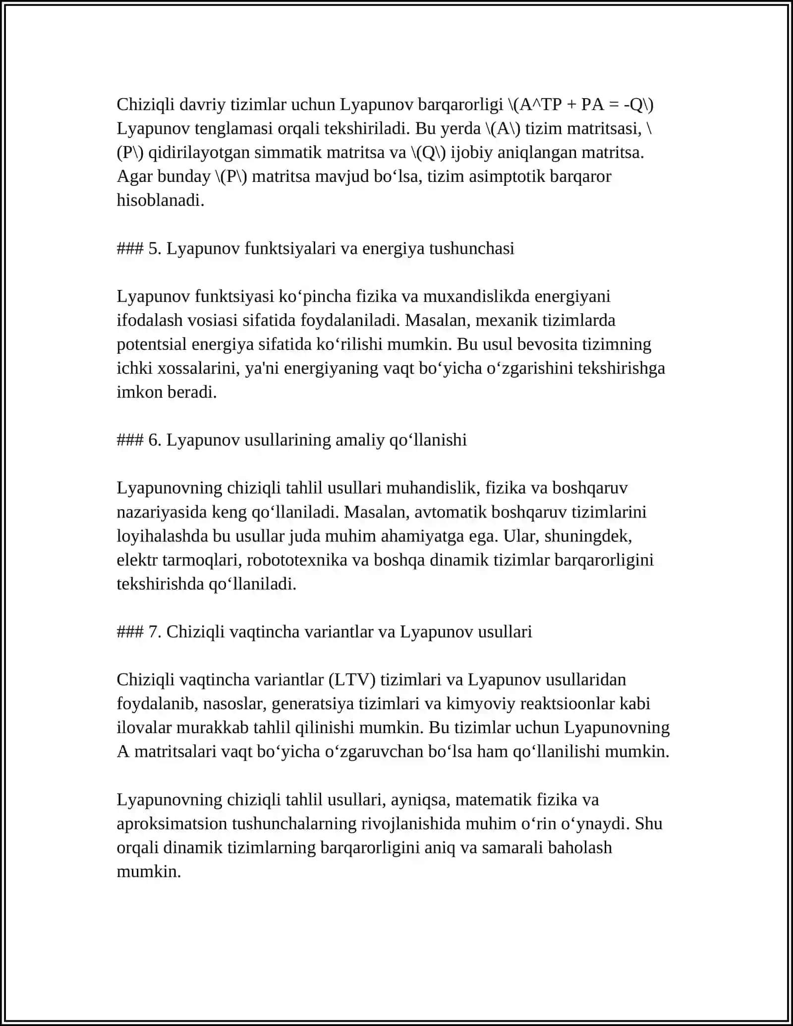 LYAPUNOV MA’NOSIDA TURG‘UNLIK. CHEGARAVIY MASALALAR. XUSUSIY HOSILALI BIRINCHI TARTIBLI DIFFERENSIAL TENGLAMALAR 4
