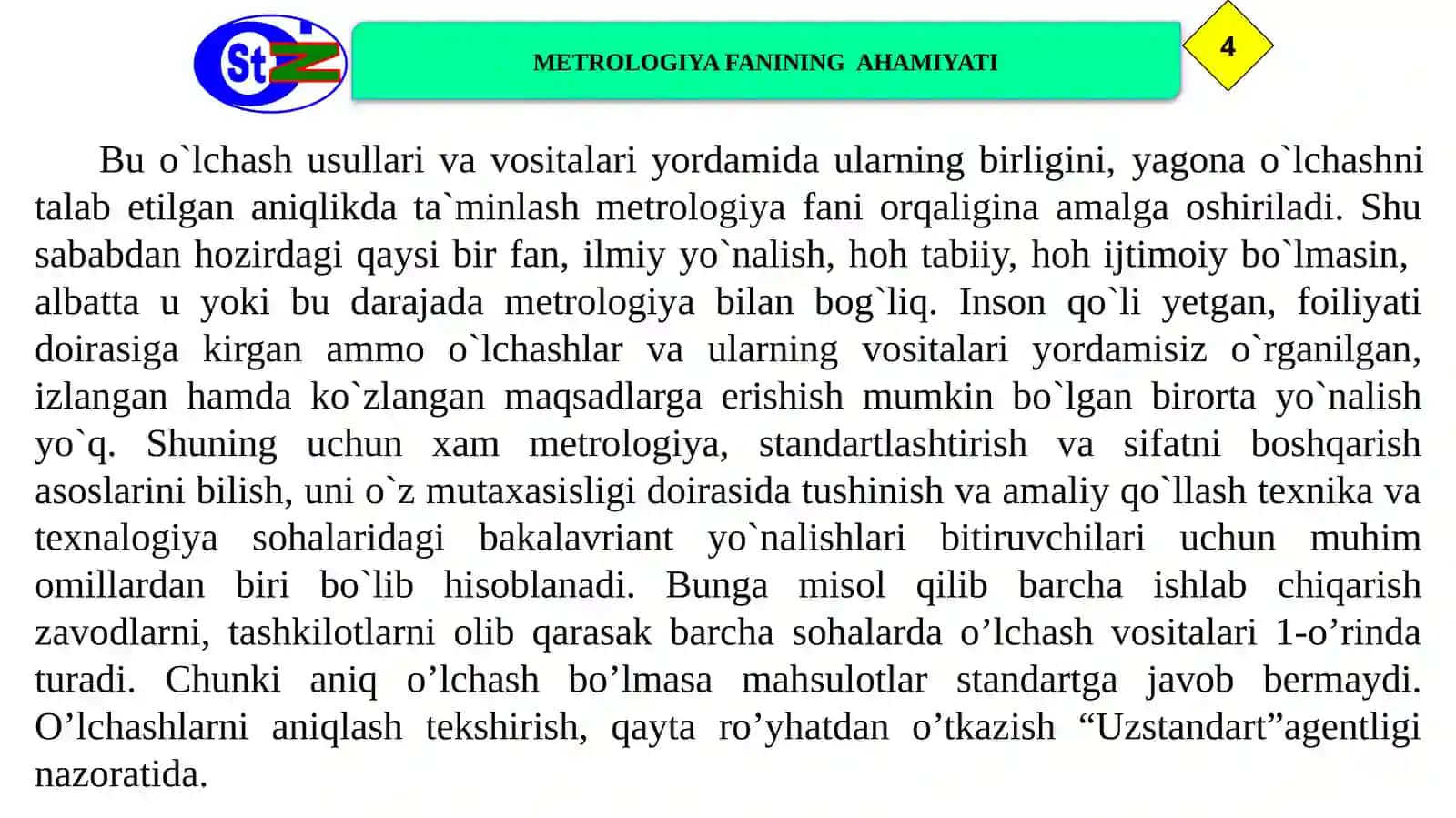 “METROLOGIYA, STANDARTLASHTIRISH VA MAHSULOT SIFATI MENEJMENTI” FANIGAKIRISH 4