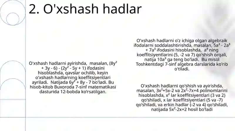 7-sinf algebra: Ko'phadlarni qo'shish va ayirish 4