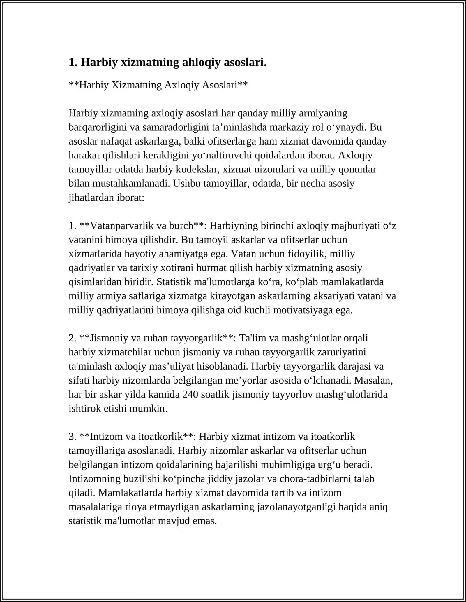 HARBIY XIZMATNING AHLOQIY ASOSLARI VA O‘ZBEKISTON RESPUBLIKASI QUROLLI KUCHLARIDA AHLOQIY TARBIYA. HARBIY AHLOQNING ASOSIY TUSHUNCHALARI 4