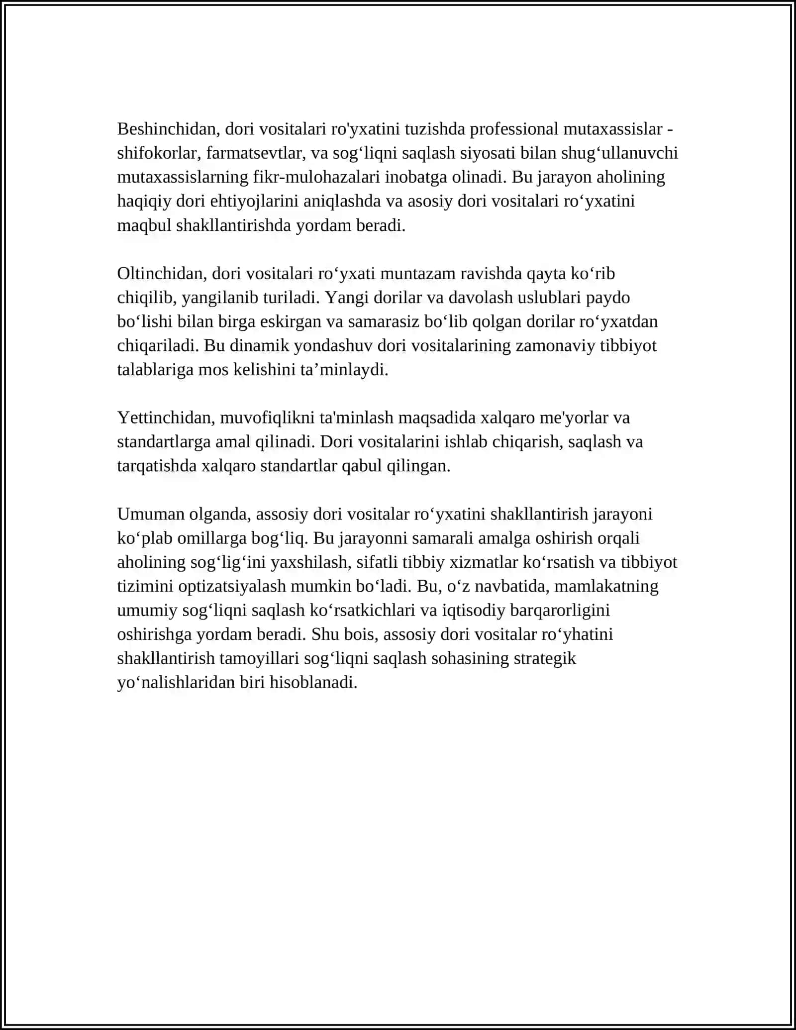 ASSOSIY DORI VOSITALAR ROʻYHATINI SHAKILLANTIRISH, QABUL QILISH 4