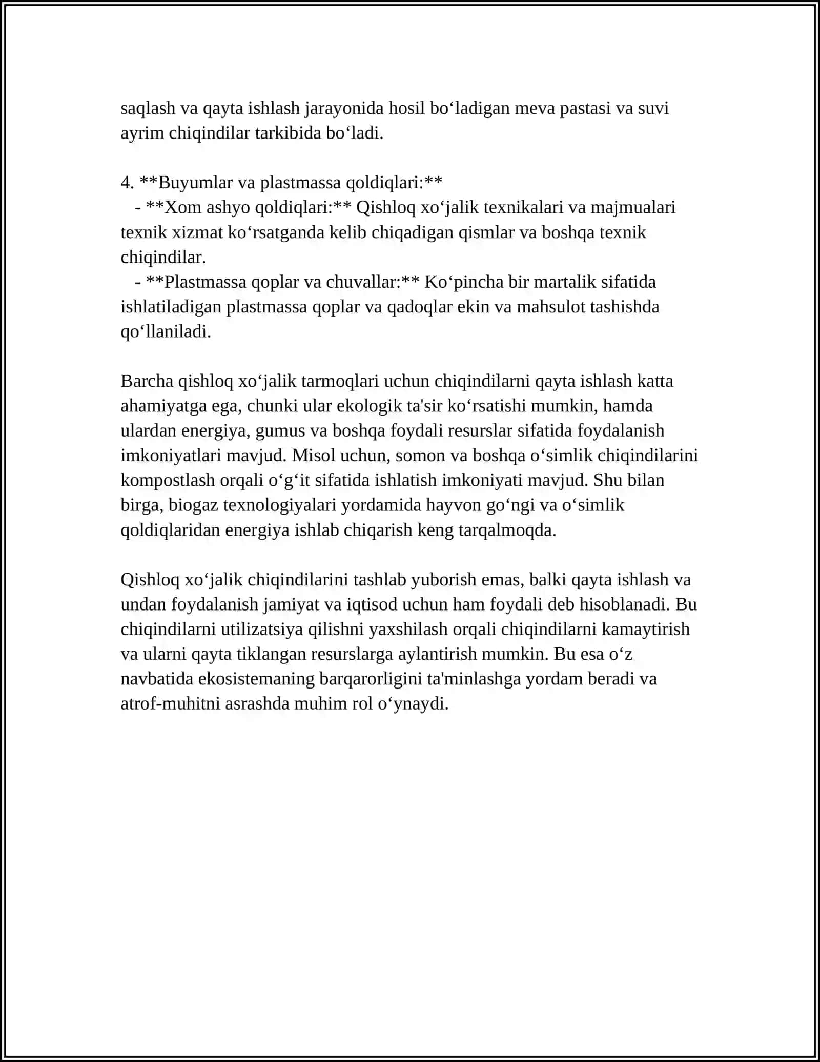 QISHLOQ XO‘JALIK CHIQINDILAR XUSUSIYATLARI SARLASH YIG‘ISH QAYTA ISHLASH 4
