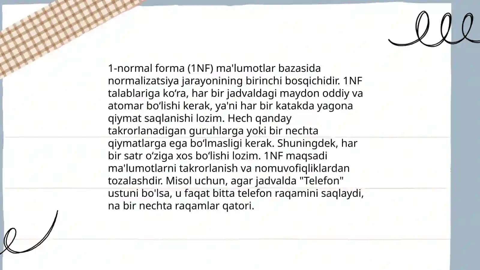 Ma’lumotlar bazasini normallashtirish:1NF, 2NF, 3NF va Kodd normal formalari. SQL tili va SQL operatorlarini yozish. Ma’lumotlar manipulyatsiya qilishda oddiy so‘rovlar yaratish 4