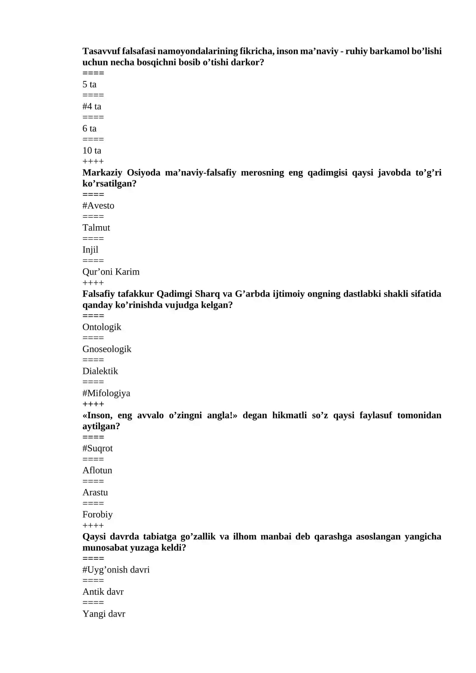 falsafa test savollari va javoblari 4