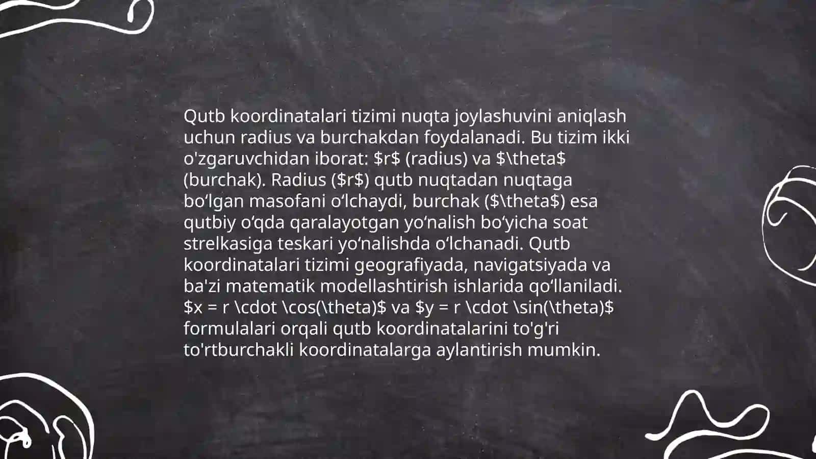 Dekart va qutb koordinatalari orasidagi bog'lanish 4