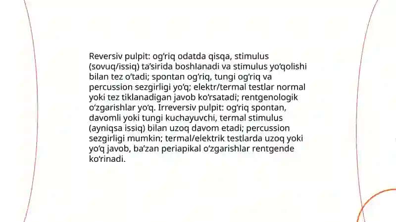 Pulpit turlari va klinikasi, Qiyisiy tashxis, bir biridan farqli tomonlari 4