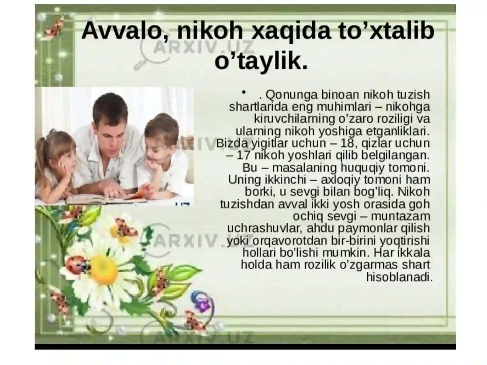 Oila pedagogikasi va uning milliy o‘ziga xos xususiyatlari mavzusida doir tayyor taqdimoti va salydi. 4