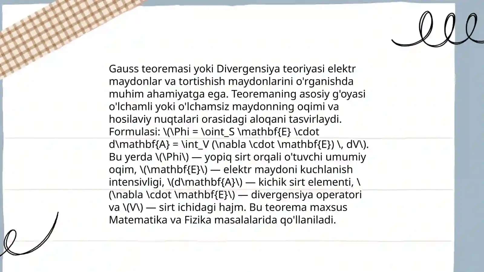 Vakumdagi elektrostatik maydon uchun Gauss teoremasi va uning sodda elektr maydonlarini xisoblashda qo'llanilishi 4