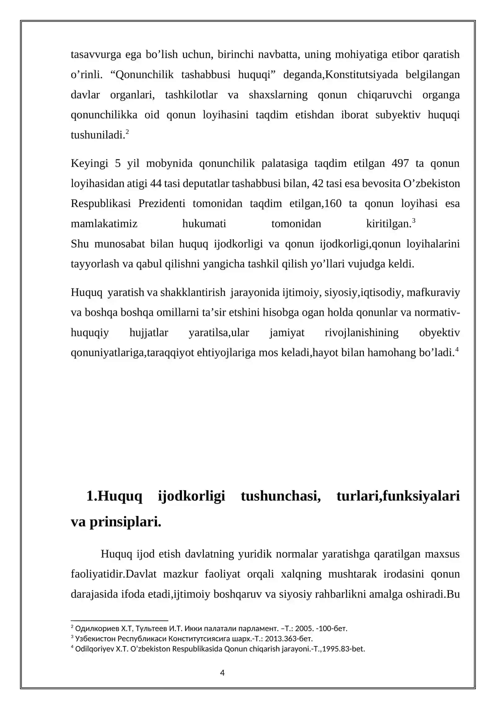 “HUQUQ IJODKORLIGI TUSHUNCHASI, TURLARI, FUNKSIYALARI VA PRINSIPLARI” MAVZUSIDAGI KURS ISHI 4