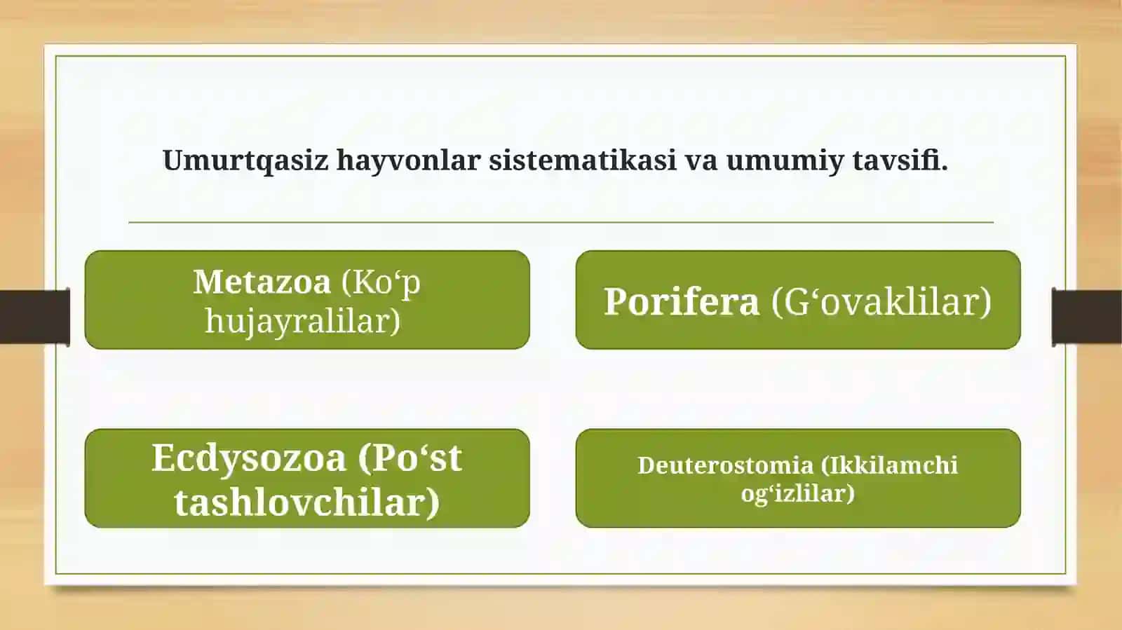 Umurtqasiz hayvonlarning xilma-xilligi turli muhit sharoitida yashashga moslashuv natijasi. 4