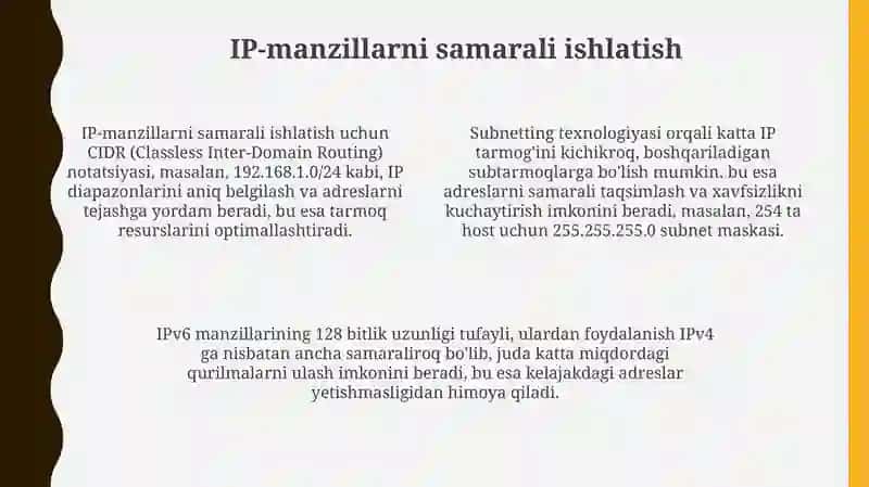 IP adreslar. Sinfli adreslar. Maskalar yordamida adreslash. IP adreslardan tejamkor foydalanish 4