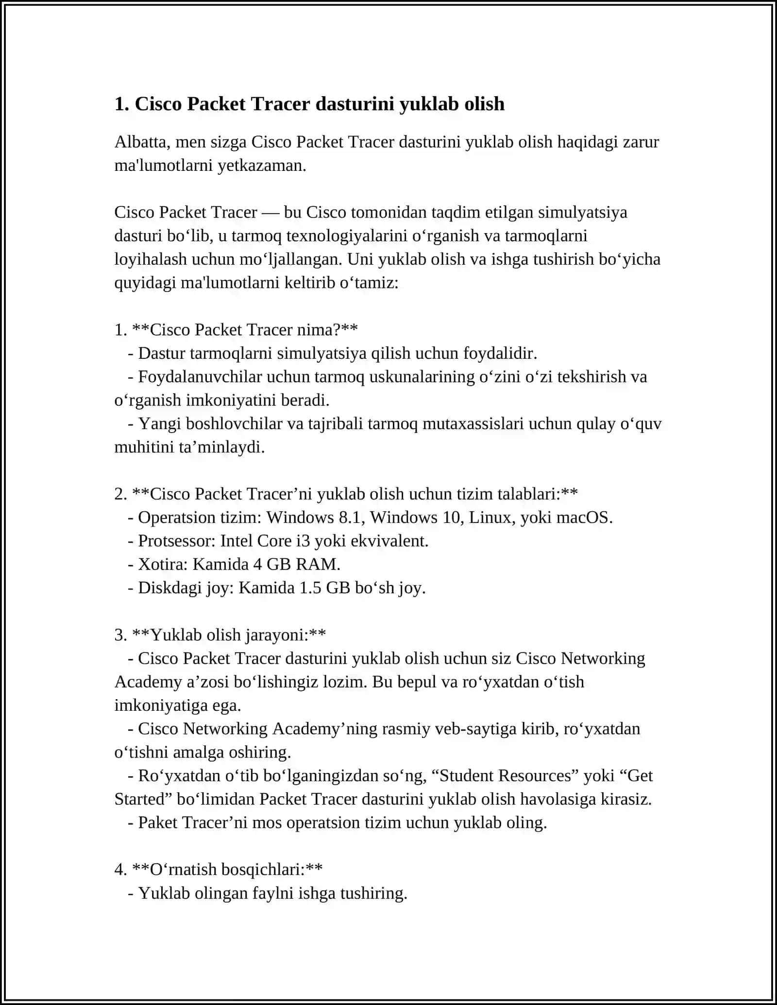 CISCO PACKET TRACER DASTURIDA DASTURGA KIRISH,YUKLASH VA OʻRNATISH 4
