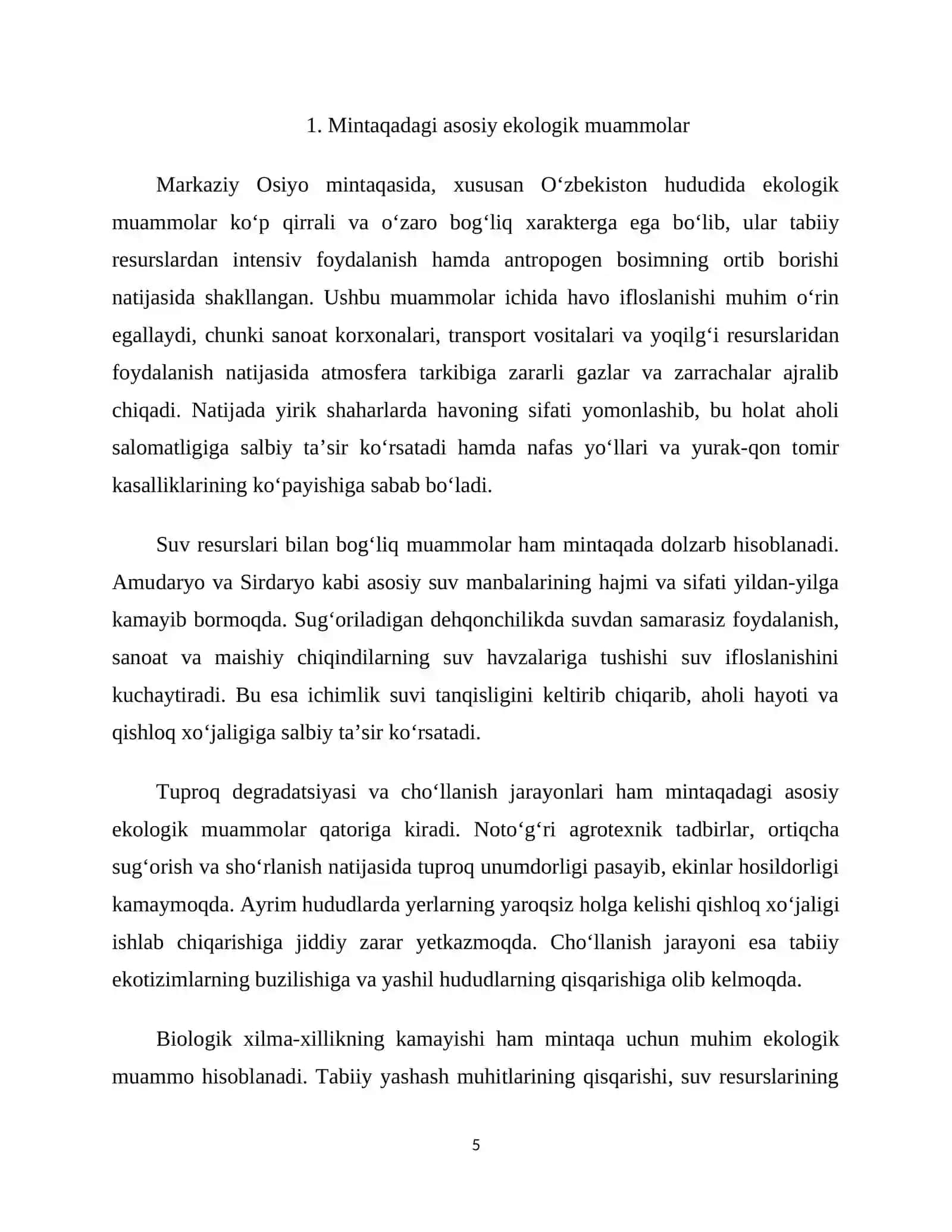 Mintaqadagi mavjud ekologik xavfsizlik va barqaror rivojlanish muammolari 4