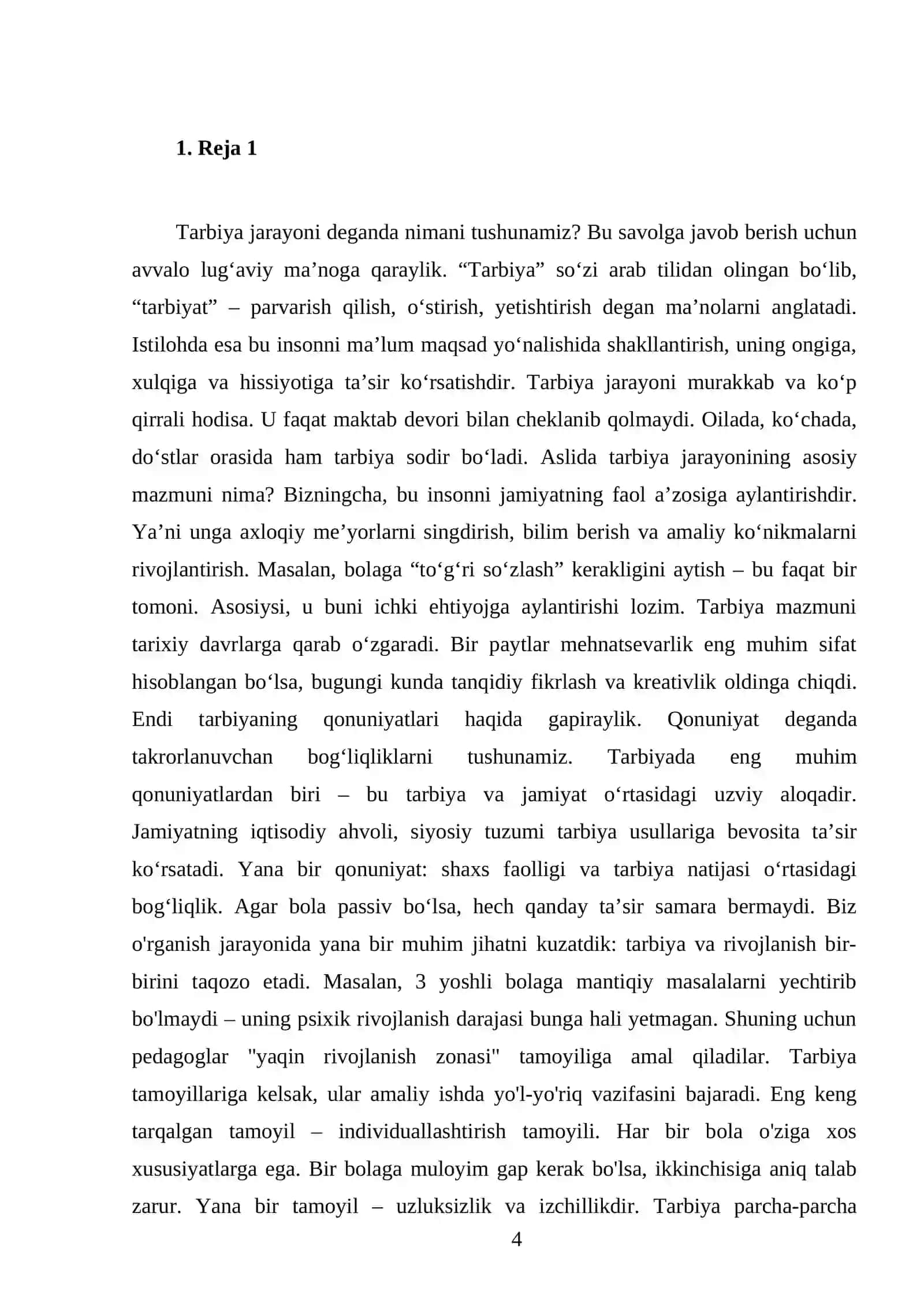 Tarbiya jarayoni, mazmuni, qonuniyatlari va tamoyillari. Tarbiya turlari 4