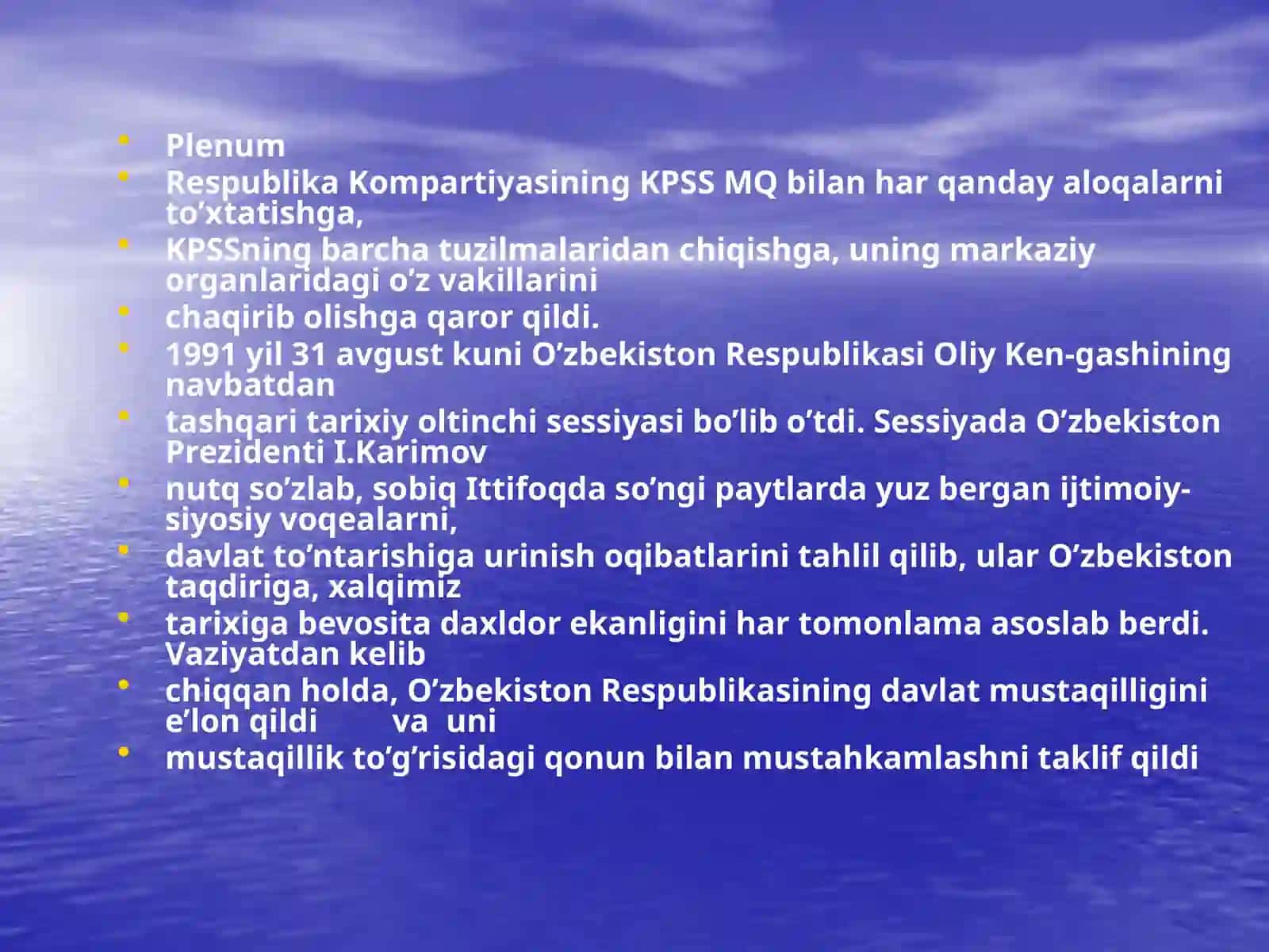 O'ZBEKISTON RESPUBLIKASI DAVLAT MUSTAQILLIGINING E'LON QILINISHI VA UNING OLAM SHUMUL AHAMIYATI 4