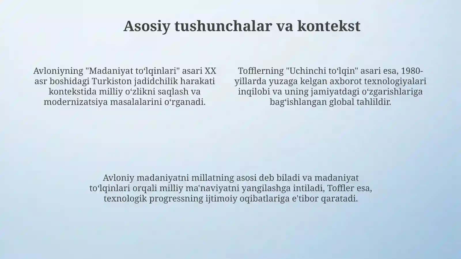 Avloniyning "Madaniyat toʻlqinlari "va E.Tofflerning "Uchinchi toʻlqin asarini qiyosiy tahlil 4