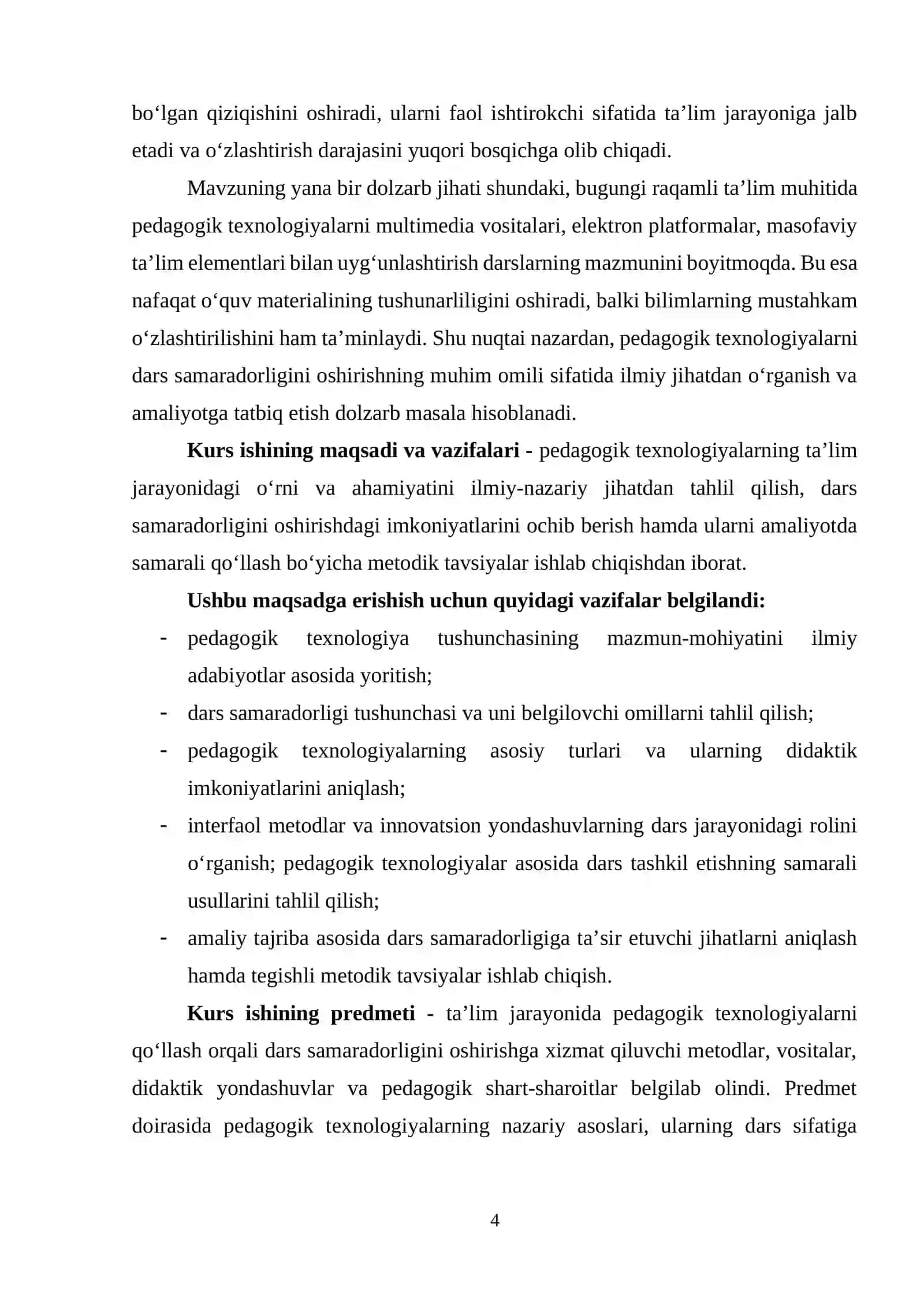 Kurs ishi "Pedagogik texnalogiyalar dars samaradorligining oshirishning muhim omili sifatida" 4