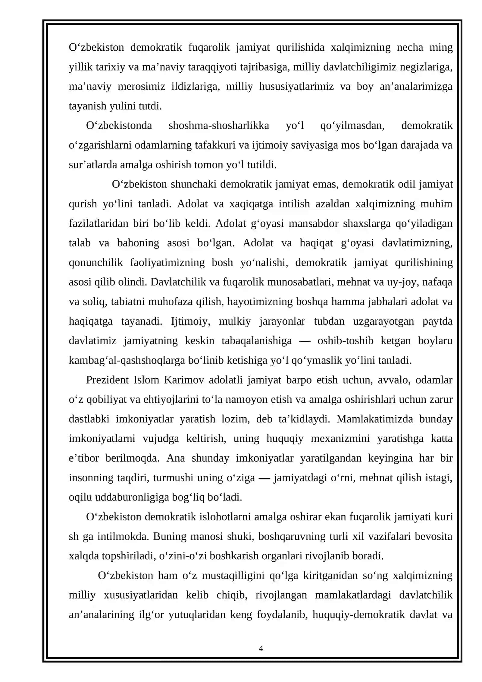 “O‘ZBEKISTON RESPUBLIKASI PREZIDENTI KARIMOV I.A. ASARLARIDA FUQAROLIK JAMIYATINI SHAKLLANTIRISH MASALALARI” MAVZUSIDAGI KURS ISHI 4