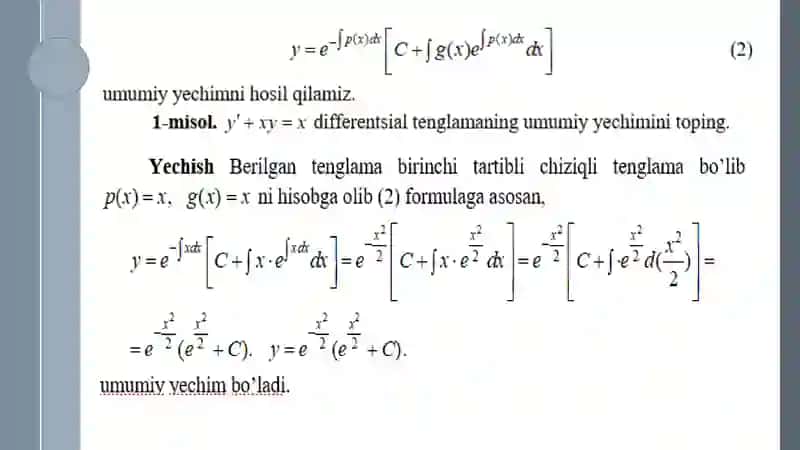Birinchi tartibli chiziqli va Bernulli tenglamalari. To‘la differensialli differensial tenglamalar. 4