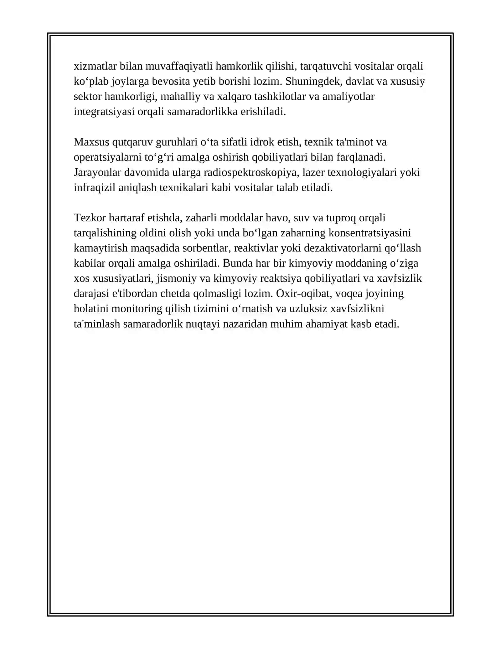 OʻTA ZAHARLI KIMYOVIY MODDALARNI ISHLAB CHIQARISHDA VA SAQLASHDA SODIR BOʻLGAN AVARIYALARNI BARTARAF QILISHDA QUTQARUVCHILARNING HARAKATI 4