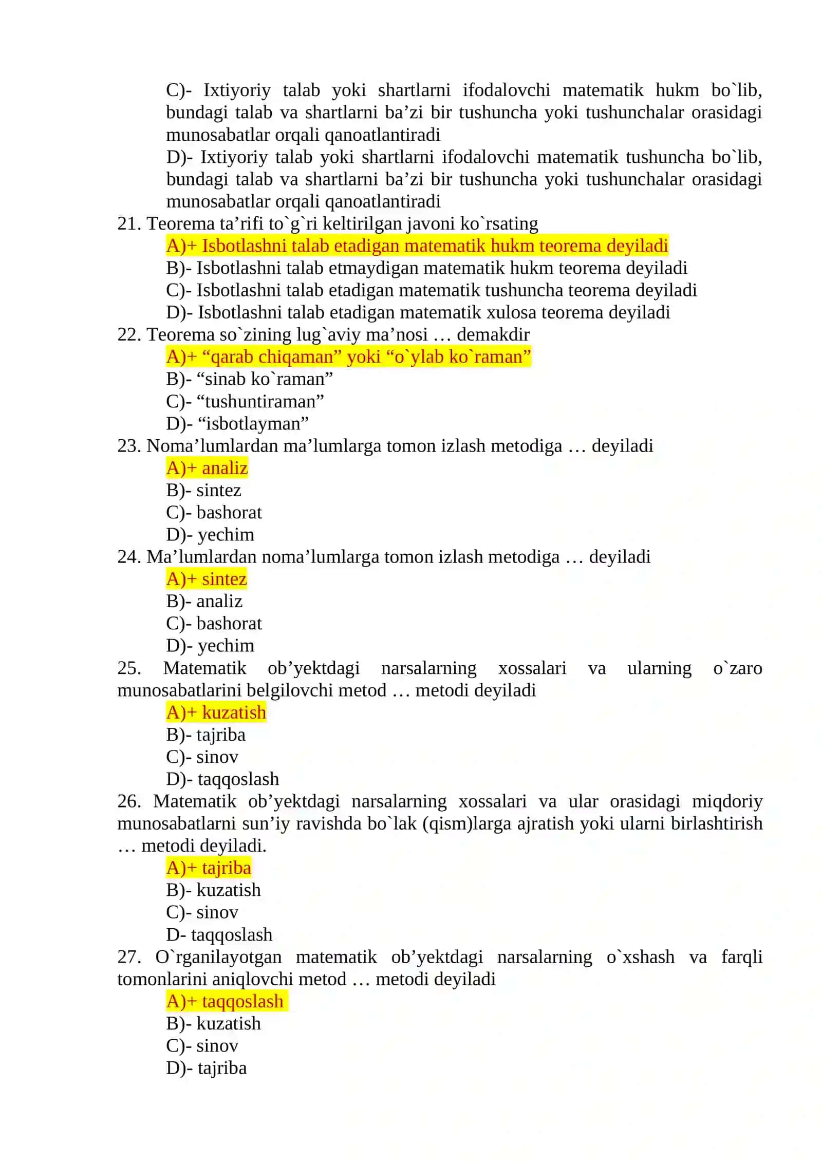 “Matematika va informatika o’qitish metodikasi” fanidan yakuniy nazorat uchun TEST TOPSHIRIQLARI 4