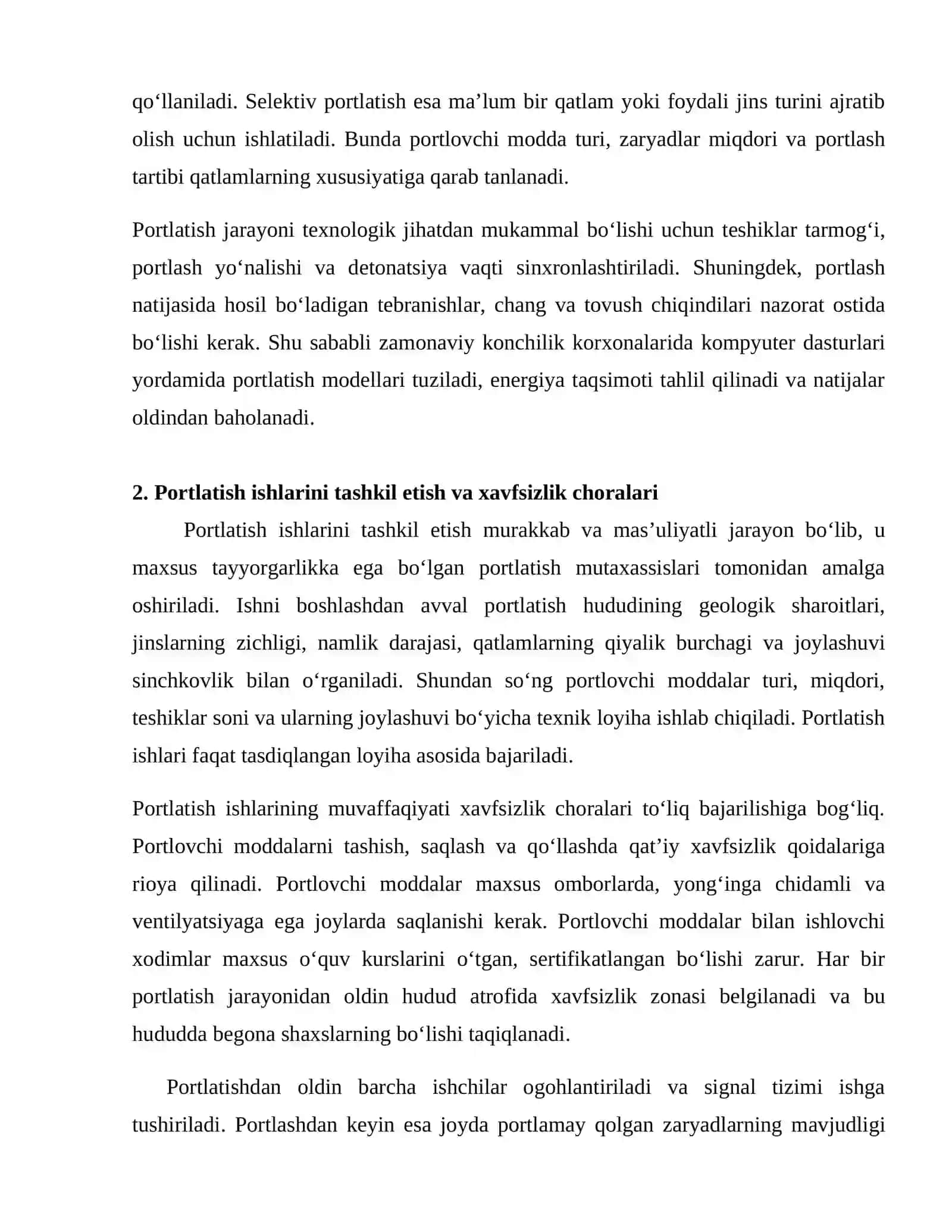 Qurilish tog` jinslari konlarida portlatish yordamida tog` jinslarini qazishga tayyorlash 4