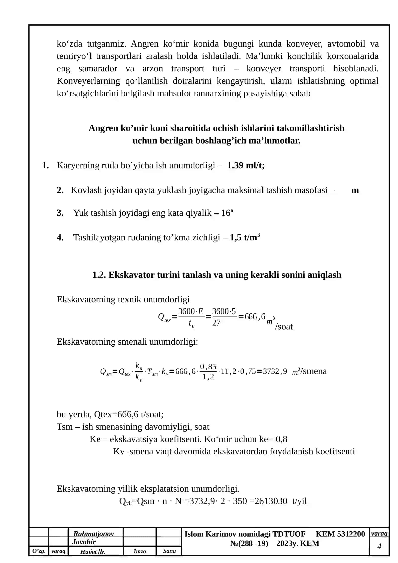 ”Transport mashinalari”fanidan KURS LOYIHASI 4